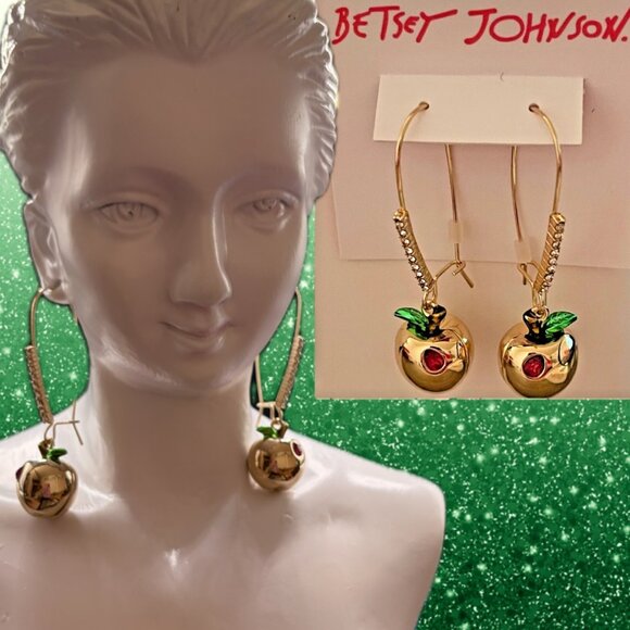 Betsey Johnson Gold Metal Apples Crystal Accent Shepherd Hook Dangle Earrings - Picture 1 of 3